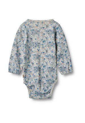 Langarm-Overall aus hellblauem Stoff mit Blumenmuster, mit elastischem Ausschnitt und weichem Material, geeignet für Säuglinge.