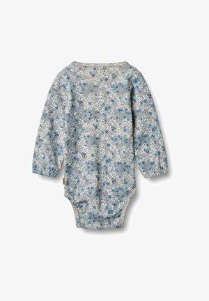 Body a maniche lunghe in tessuto blu chiaro con stampa floreale, dotato di scollatura elastica e morbida consistenza, adatto per neonati.