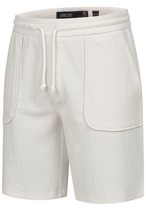 Hvide teksturerede shorts med en snoretræk i taljen, to sidelommer og et subtilt rutenetmønster på stoffet. Let og afslappet design.