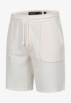 Witte getextureerde shorts met een tailleband met trekkoord, twee zijzakken en een subtiel ruitpatroon op de stof. Lichtgewicht en casual ontwerp.
