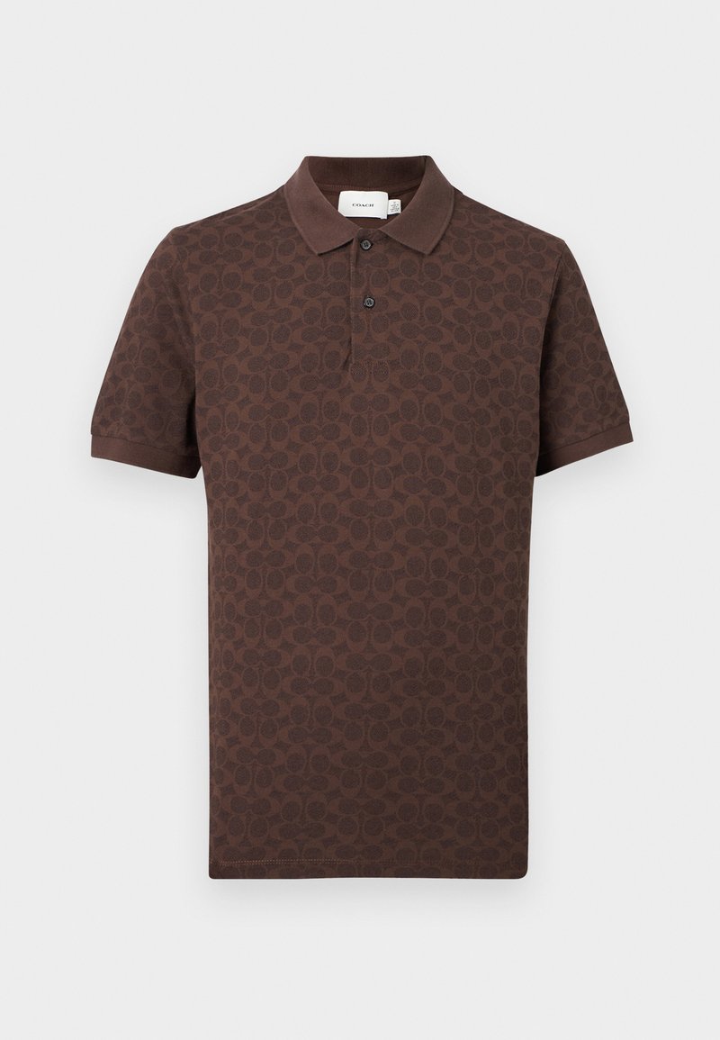 Brown short-sleeve polo shirt with tonal Coach signature pattern, two-button placket, and classic collar on a white background.