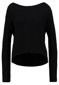 Maglione nero a maglia con scollatura ampia, maniche lunghe e orlo corto. Presenta una texture a coste e una vestibilità morbida.