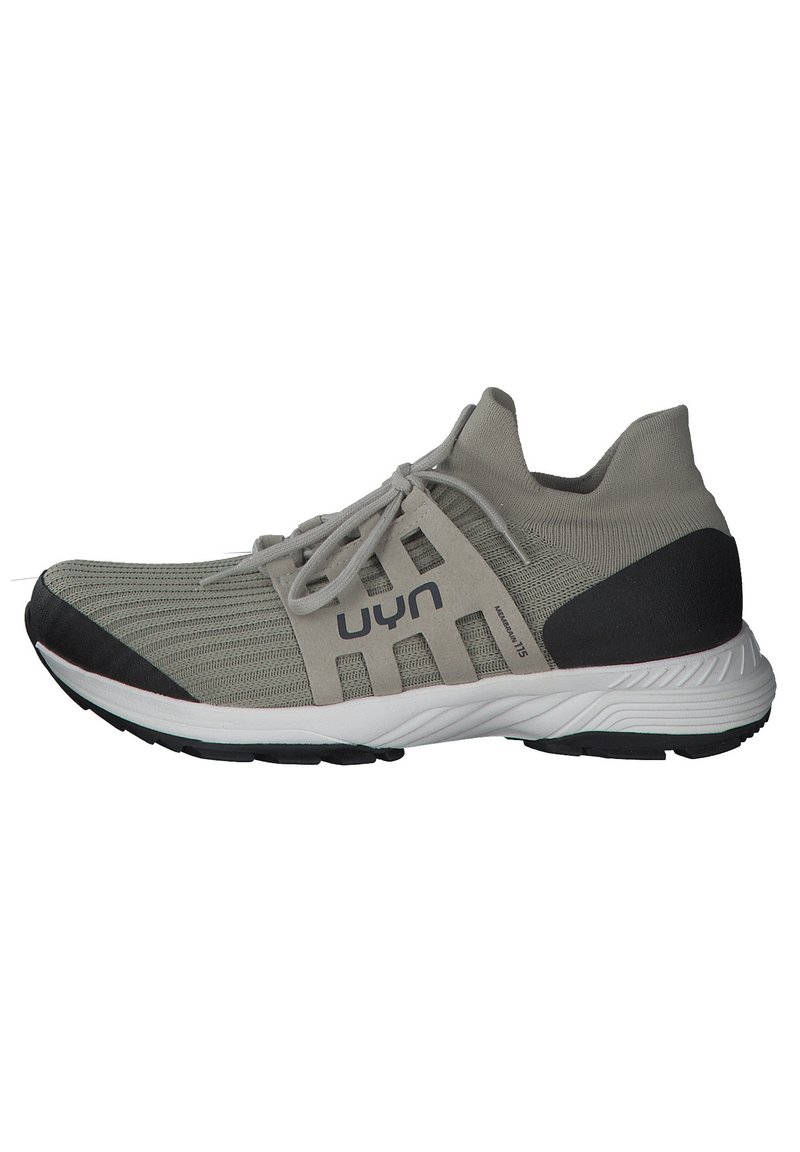 Light gray athletic shoe with a knitted upper, black accents, and white sole. Features lace-up design and textured finish.