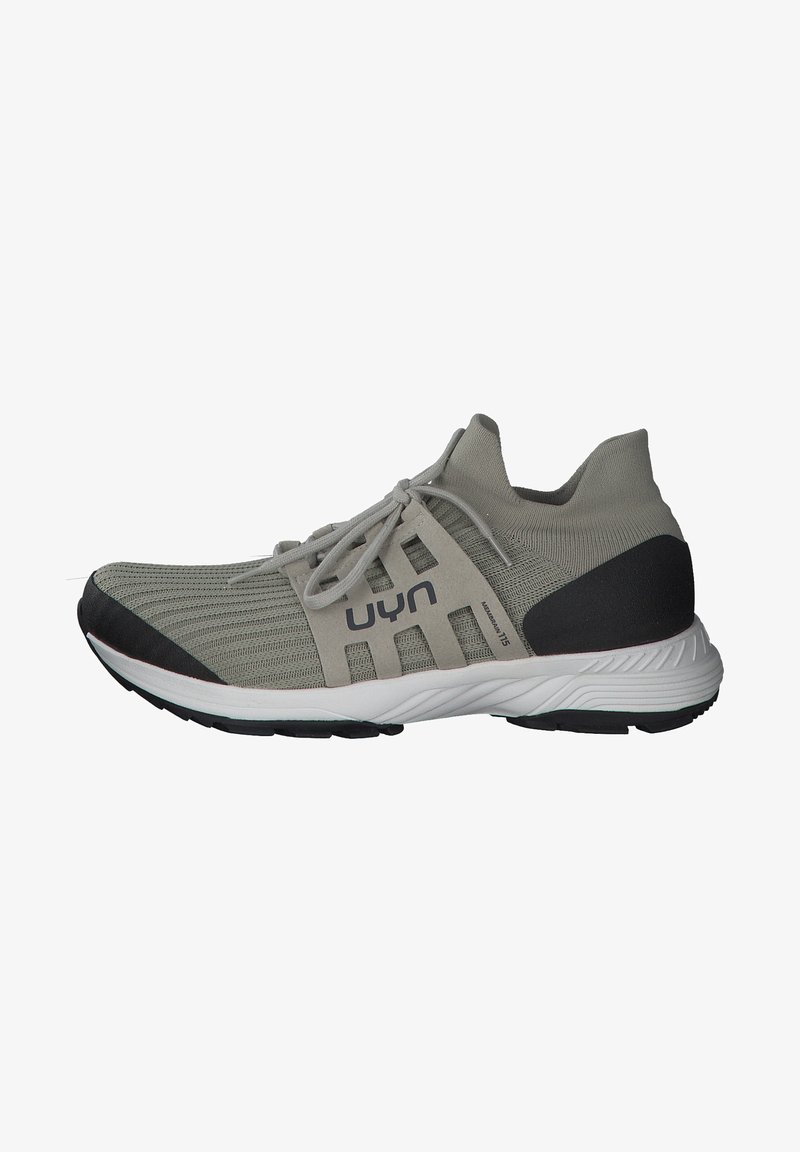 Light gray athletic shoe with a knitted upper, black accents, and white sole. Features lace-up design and textured finish.