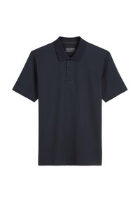 Navy blue polo shirt made of textured fabric with a collar, three-button placket, and short sleeves. No additional patterns or accents.