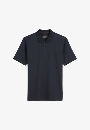 Dunkelblaues Poloshirt aus strukturiertem Stoff mit Kragen, Knopfleiste mit drei Knöpfen und kurzen Ärmeln. Keine zusätzlichen Muster oder Akzente.