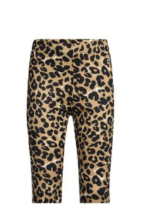 Legginsy w panterkę w kolorze złotym i czarnym, z prążkowaną teksturą, elastycznym pasem i metką po prawej stronie.