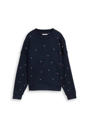 Felpa blu navy con maniche lunghe, scollo rotondo e piccoli motivi di cuori rosa sparsi.