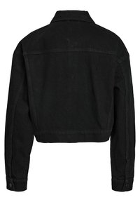 Black cropped denim jacket with a collar, long sleeves, and button cuffs. Features stitched seams and a clean, minimalistic design.