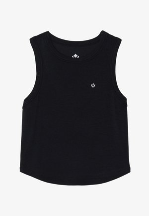 Top de tanque preto sem mangas com uma textura canelada, bainha arredondada e um pequeno logotipo branco na frente. Tecido suave, ajuste descontraído.