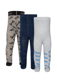 Drei Paare Kinderstrumpfhosen: grau mit Schraubenschl üssel-Muster, marineblau und hellgrau mit blauem Lastwagen-Muster. Weicher, elastischer Stoff.