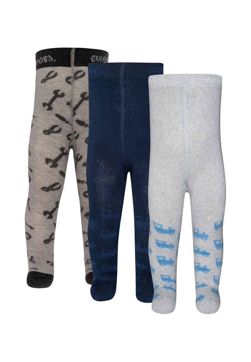 Drei Paare Kinderstrumpfhosen: grau mit Schraubenschlüssel-Muster, marineblau und hellgrau mit blauem Lastwagen-Muster. Weicher, elastischer Stoff.