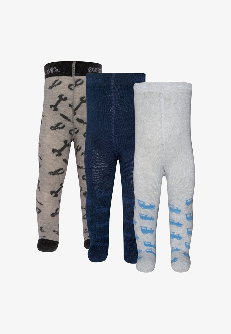 Three pairs of children's tights: gray with wrench pattern, navy blue, and light gray with blue truck pattern. Soft, elastic fabric.