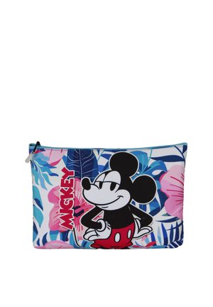 Weicher Stoffbleistiftetui mit einem bunten Blumenmuster und einem schwarz-weißen Mickey Mouse Grafik mit roten Akzenten. Mit Reißverschluss.