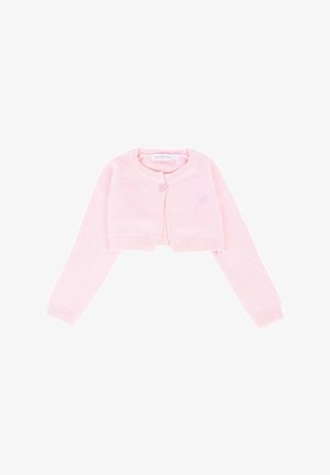 Afgeknot roze cardigan met lange mouwen, gebreide structuur, ronde hals, sluiting met knopen aan de voorkant en logo-detail op de borst.