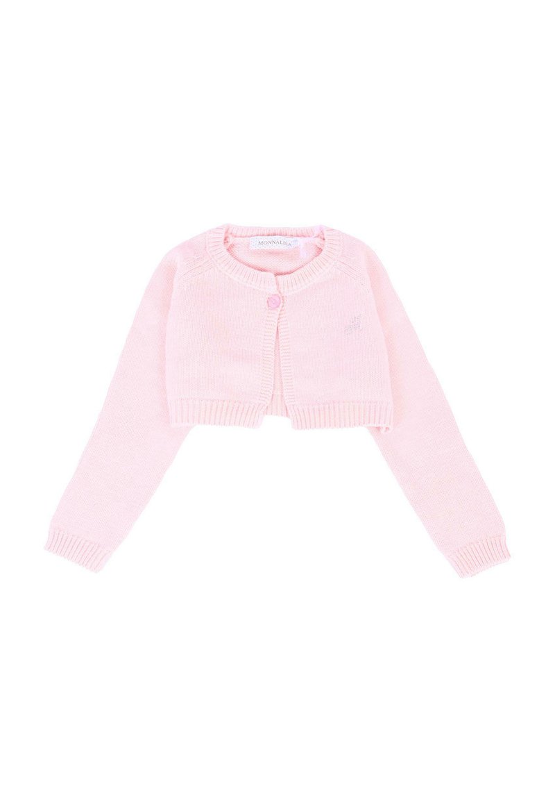 Cardigan rosa accorciato con maniche lunghe, texture a maglia, collo rotondo, chiusura frontale con bottoni e dettaglio del logo sul petto.