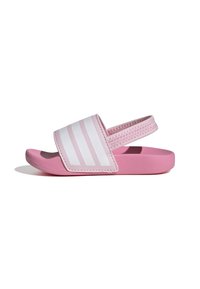 Infradito rosa realizzate in materiale sintetico, con una larga fascia a righe bianche sulla parte superiore e una suola testurizzata per una maggiore aderenza.