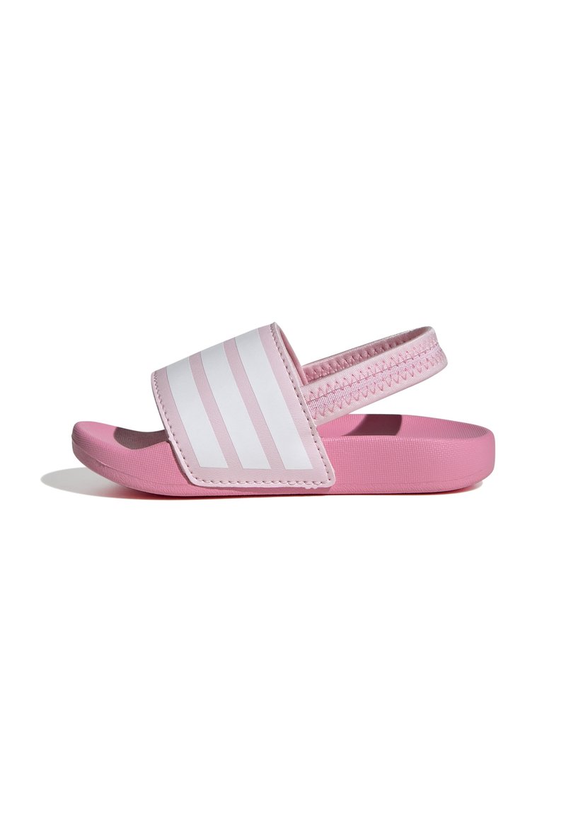 Infradito rosa realizzate in materiale sintetico, con una larga fascia a righe bianche sulla parte superiore e una suola testurizzata per una maggiore aderenza.