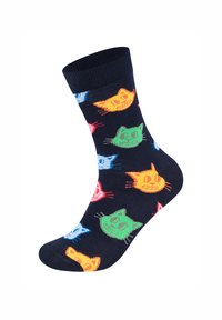 Marineblaue Socken mit bunten Katzenköpfen in Gelb, Rot, Grün, Blau und Orange, mit geripptem Bündchen und weichem Material.