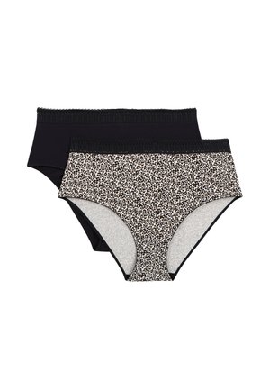 Deux culottes féminines style slip avec bordure en dentelle ; une noire unie et une imprimée léopard avec bordure noire.