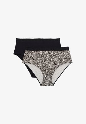 Due mutandine da donna in stile slip con bordo in pizzo; una nera tinta unita e una con stampa leopardata con bordi neri.
