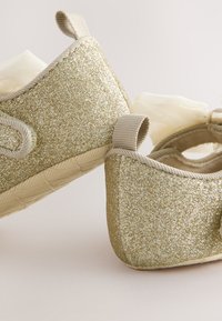 Kuldse sädelevad baleriinakingad, millel on tekstuuriga pealiskihid, pehme kangast vooder ja dekoratiivne õhuke lipsukaunistus. Viimistletud lihtsa tõmblukuga.