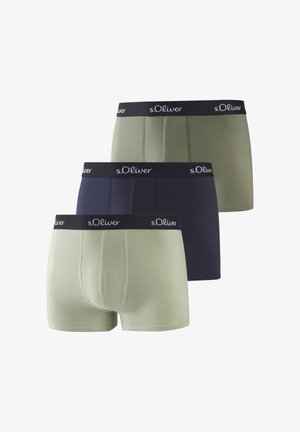 Three pairs of men's boxer briefs in light green, navy blue, and olive green with black elastic waistbands branded s.Oliver.