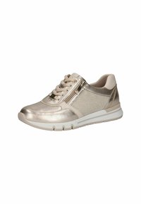 Fémes arany színű sneaker, texturált felülettel, fűzős dizájnnal, cipzáras részlettel és fehér talppal. Háló és bőr anyagokból készült.