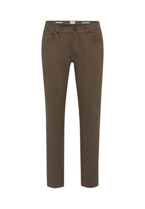 Pantaloni in denim marrone con una vestibilità slim, design a cinque tasche e una texture sottile. Presentano una chiusura a bottone e passanti per la cintura in vita.