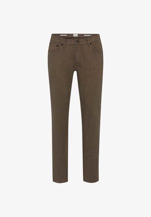 Brune denimbukser med slim fit, fem lomme-design og subtil tekstur. Har en knaplukning og bæltestropper i taljen.