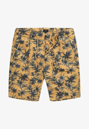 Gelbe Badeshorts mit einem schwarzen tropischen Blattmuster, ausgestattet mit einem elastischen Bund und Kordelzug für eine verstellbare Passform.