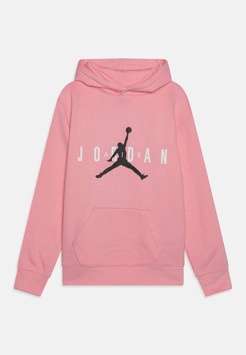 Różowa bluza z kapturem wykonana z miękkiego materiału, z dużym czarnym logo "Jumpman" oraz napisem "JORDAN". Posiada kieszeń z przodu oraz ściągacze przy mankietach.