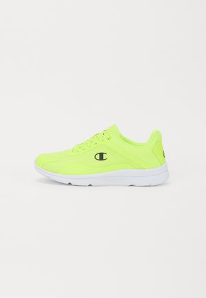 Neon yellow athletic shoes with a mesh upper, contrasting black logo, round toe, lace-up design, and white non-slip rubber sole.