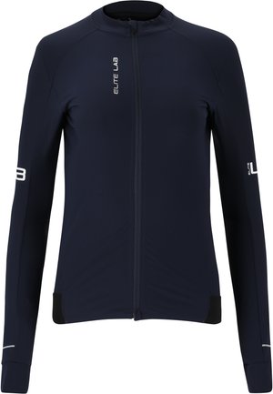 Veste de cyclisme bleue marine à manches longues, avec une fermeture éclair frontale intégrale et des accents réfléchissants. Fabriquée en tissu évacuant l'humidité, avec des coutures ergonomiques.