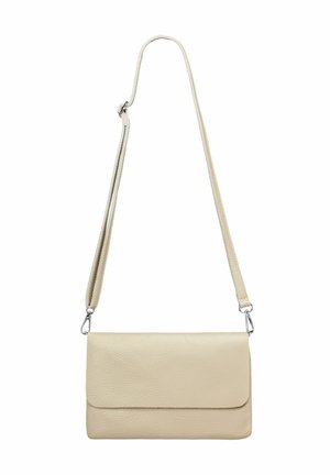 Beige Leder Umhängetasche mit strukturierter Oberfläche, schlankem rechteckigen Design und verstellbarem Tragegurt. Mit magnetischem Klappenverschluss.