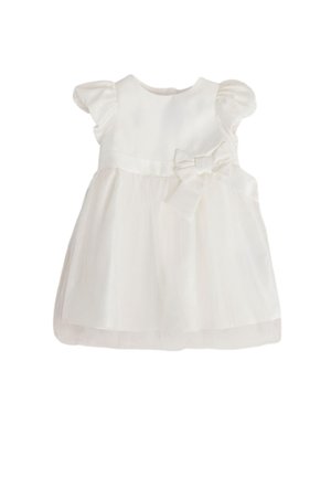 Robe blanche pour bébé à manches courtes bouffantes, corsage ajusté, jupe en tulle et nœud décoratif à la taille.