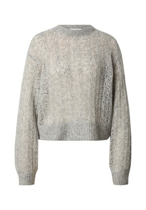 Hellgrauer, verkürzter Pullover mit einem strukturierten, spitzenähnlichen Strickmuster und einem gerippten Rundhalsausschnitt. Lange, leicht ballonförmige Ärmel.
