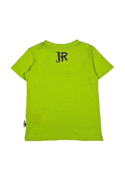 T-shirt verde in cotone a maniche corte con motivo testurizzato e ricamo blu "JR" sul retro. Etichetta attaccata di lato.