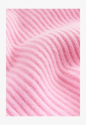 Tejido de punto acanalado rosa con una textura suave, presentando prominentes patrones ondulados y una sutil profundidad creada por el diseño del tejido.