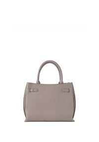 Sac à main en cuir gris avec une forme structurée, deux poignées supérieures et un design minimaliste. Présente une texture lisse et des détails de couture subtils.