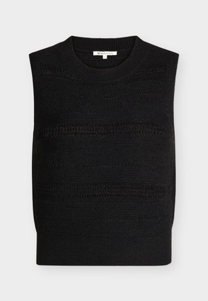 Čierna pletená vesta bez rukávov s textúrovanými vodorovnými vzormi a okrúhlym výstrihom, veľkosť malá.