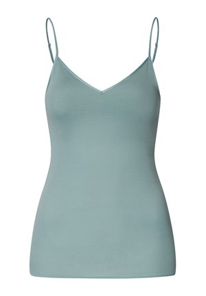 Lichtblauwe mouwloze top met dunne bandjes, met een v-hals ontwerp, gemaakt van zachte, gladde stof, met een getailleerde silhouet.