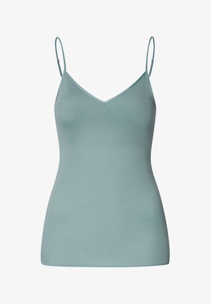 Hellblaue ärmellose Hemdchen mit dünnen Trägern, V-Ausschnitt-Design, aus weichem, glattem Stoff gefertigt, mit einer taillierten Silhouette.