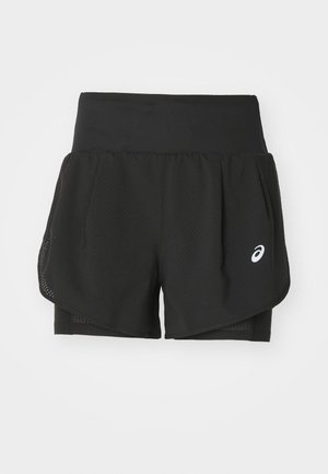 Black athletic shorts featuring a breathable mesh overlay, inner shorts with smooth texture, and a white logo on the left side.