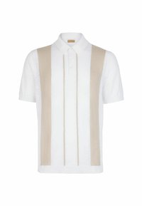 Kortärmad pikétröja i vitt med vertikala beige ränder. Har en klassisk krage och knapplist med tre knappar. Stickad textur.