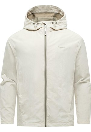 Giacca con cappuccio color avorio con cerniera frontale integrale, coulisse regolabile sul cappuccio, tasche laterali e logo "ragwear" sul petto.