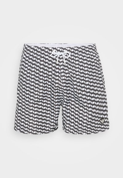 Svartvita badshorts med ett geometriskt vågmönster, elastisk midja med dragsko och liten logotyp accent på nedre framsidan.