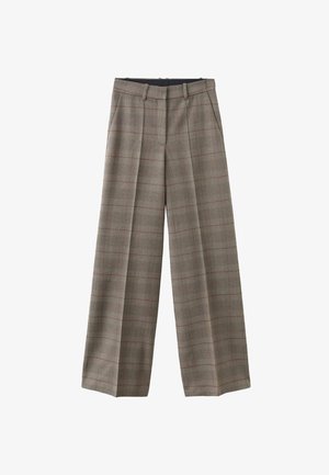 Pantaloni beige a gamba larga con un delicato motivo a quadri, pieghe, passanti per cintura e tasche laterali.