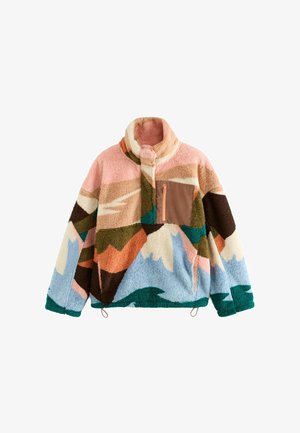 Pull en polaire aux couleurs pastel avec des motifs de montagnes. Il possède un col montant, une poche zippée sur la poitrine et des cordons élastiques à l'ourlet.