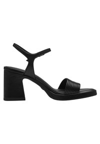 Schwarze High Heels Sandalen mit einem strukturierten Riemen über dem Fuß, einem glatten Knöchelriemen und einem klobigen, rechteckigen Blockabsatz.
